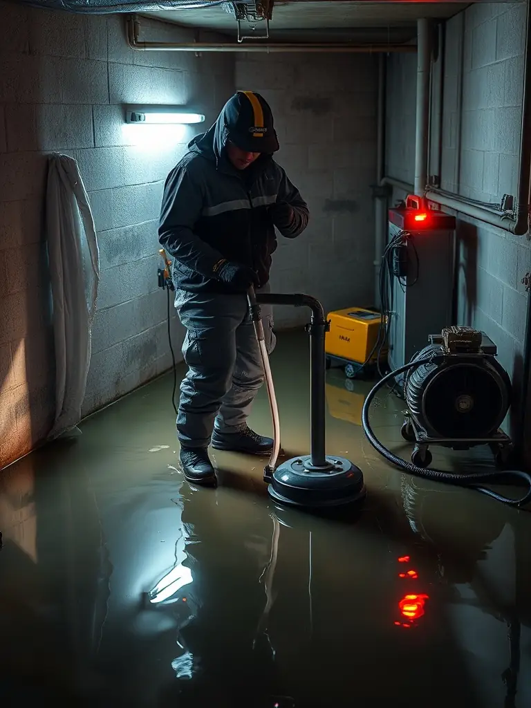A flooded basement with a technician using a submersible pump to extract standing water, showcasing water extraction services.
