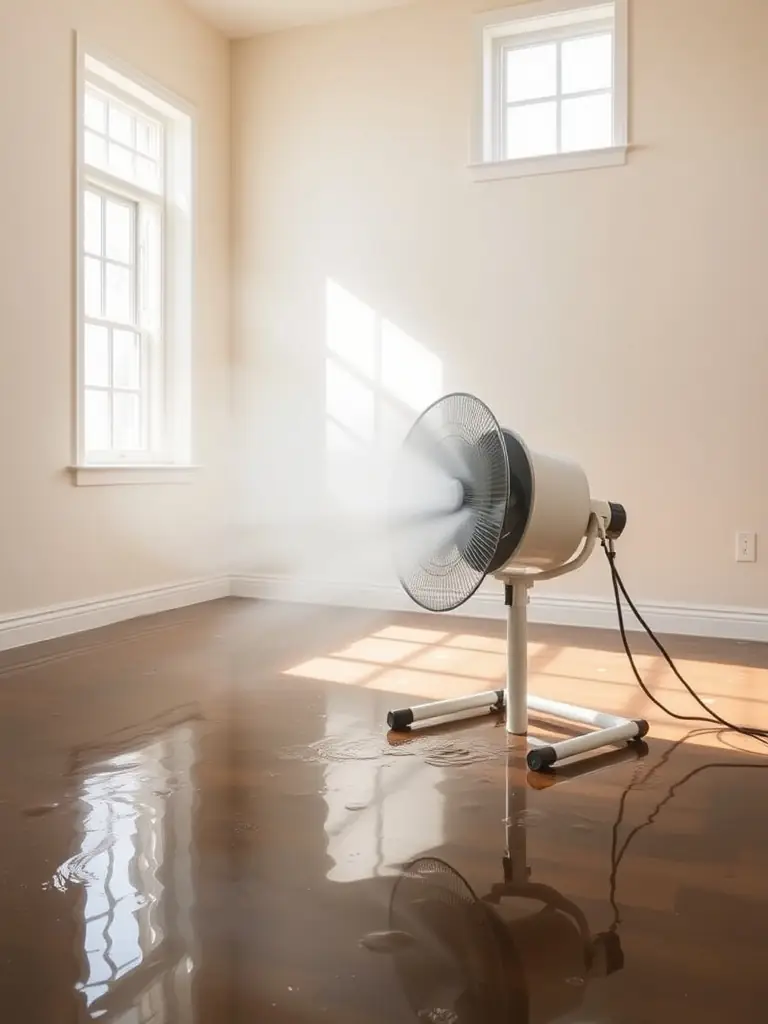 A photo of an air mover strategically placed to circulate air and accelerate the drying process in a water-damaged room in a Seattle building, highlighting Ethos Water Damage Restoration's efficient drying methods.