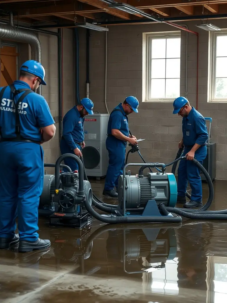 A photo showing Ethos Water Damage Restoration team using professional-grade water extraction equipment to remove standing water from a flooded basement in a Seattle home.