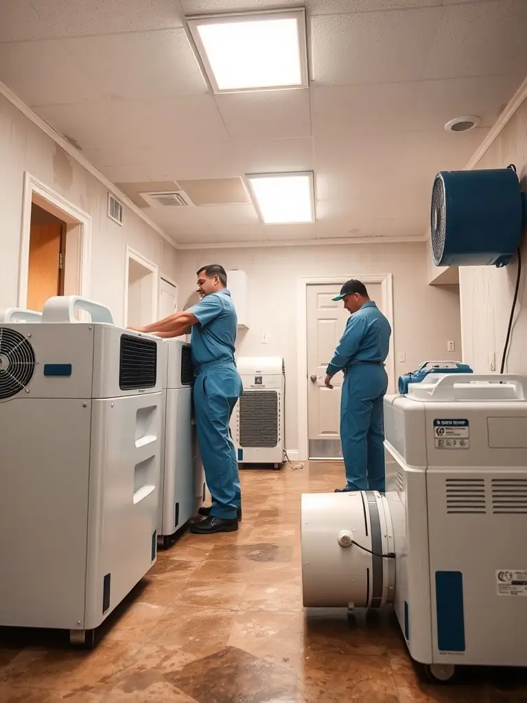 A photo illustrating Ethos Water Damage Restoration's use of industrial-strength dehumidifiers and air movers to dry out a water-damaged structure in Seattle, preventing mold and structural issues.