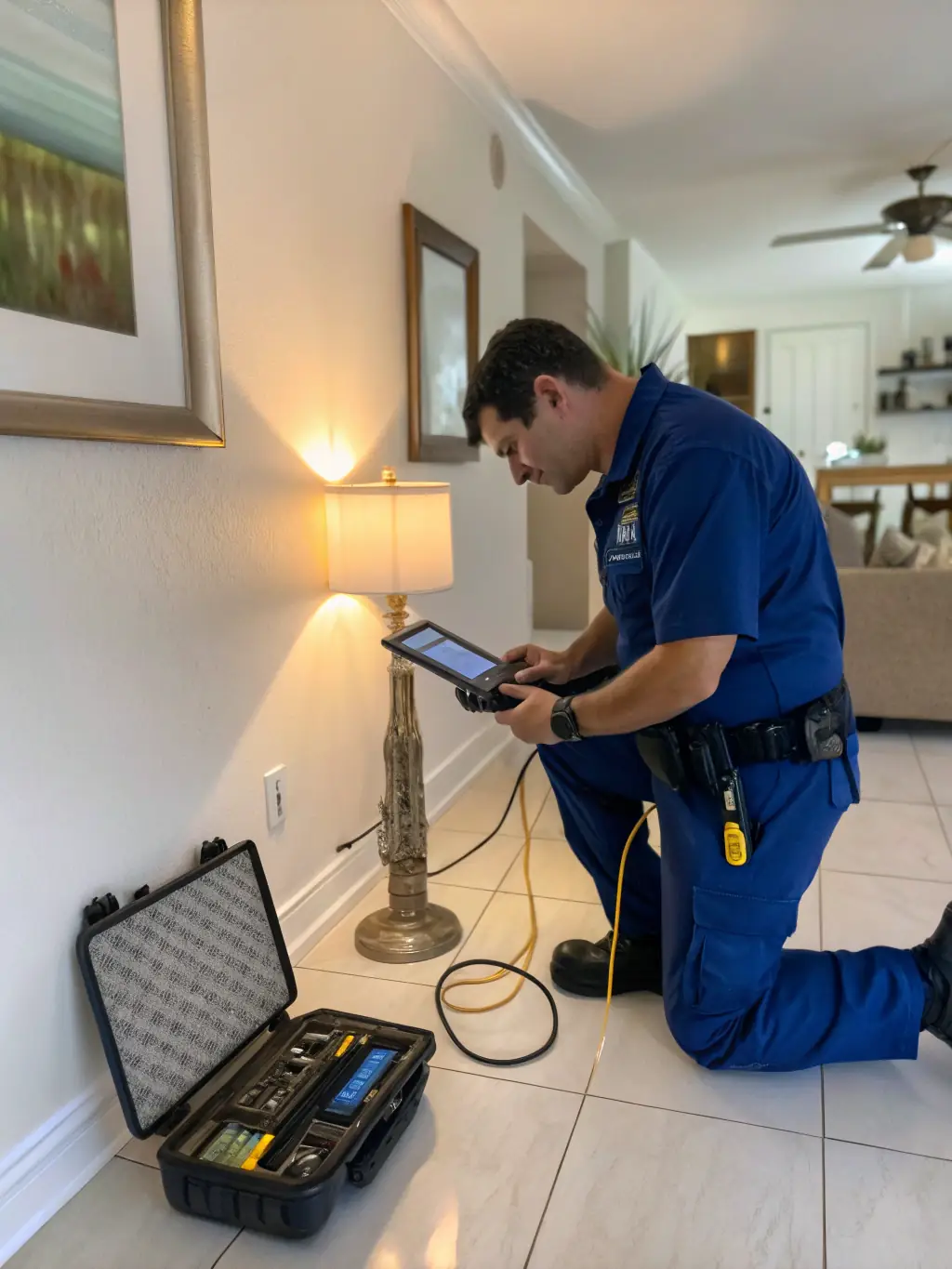 A technician monitoring drying equipment with moisture sensors in a residential home, highlighting structural drying services.