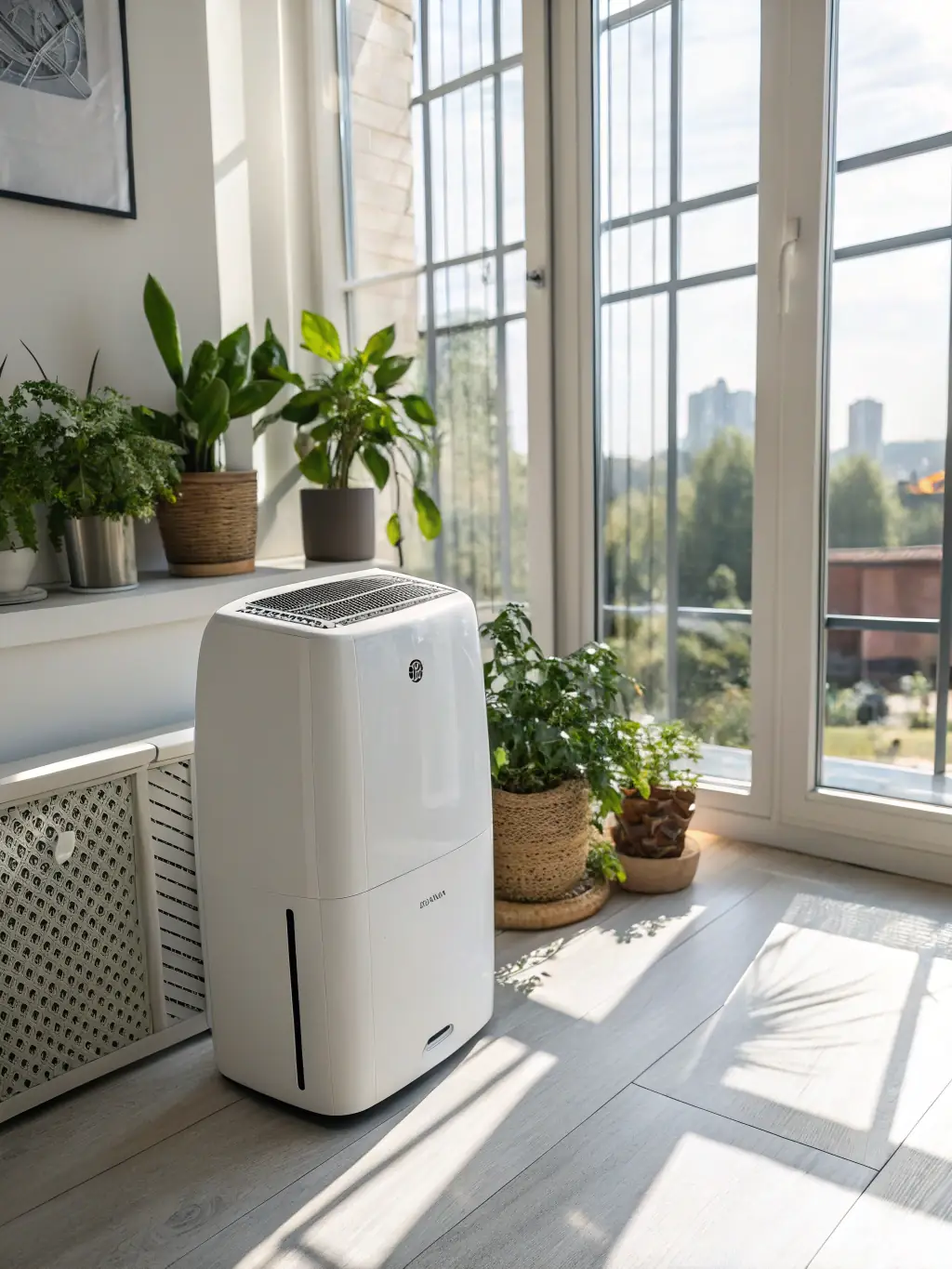 A close-up shot of an industrial-grade dehumidifier in operation, with water droplets condensing and collecting in a reservoir, used by Ethos Water Damage Restoration to efficiently remove moisture from a flooded Seattle home.