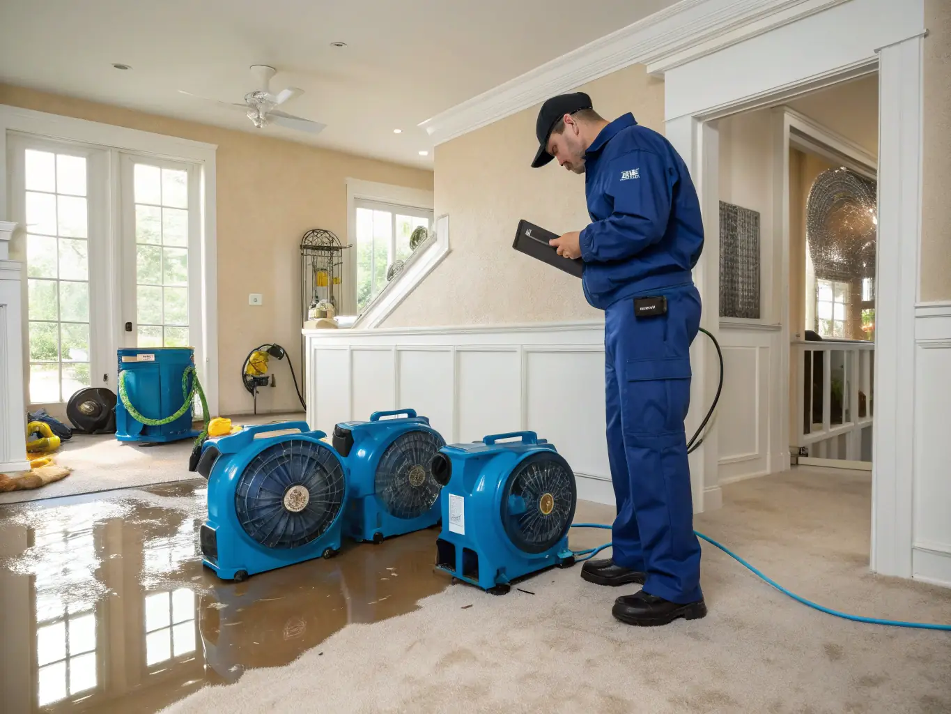 A photo depicting a technician using moisture detection equipment to assess water damage in a flooded basement, highlighting the initial assessment phase of the restoration process.