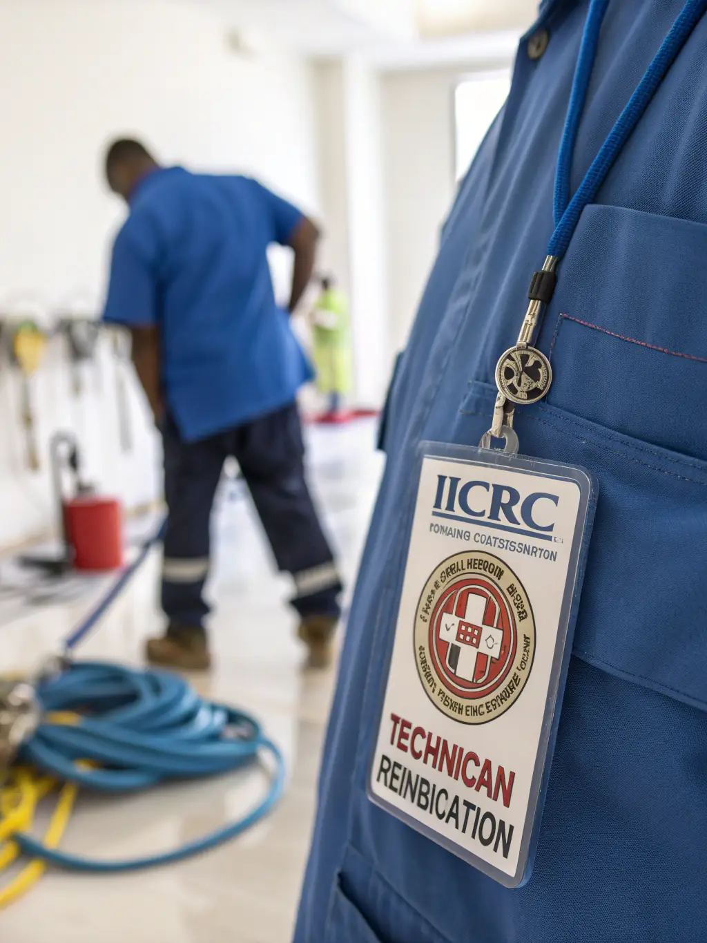 A close-up shot of a technician's certification badge, emphasizing the company's commitment to professional standards in water damage restoration.