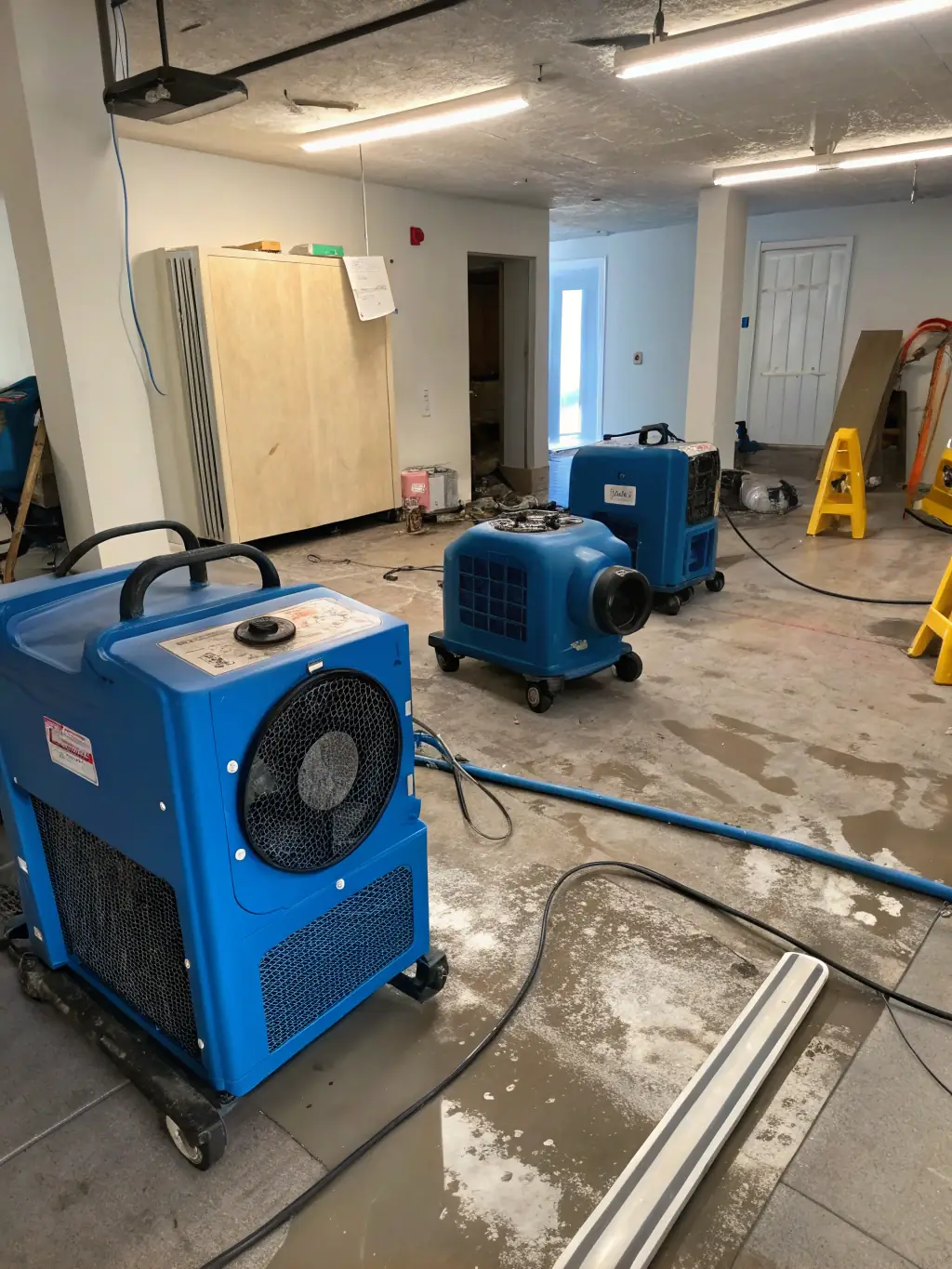 An image of industrial dehumidifiers and air movers drying out a water-damaged building structure, illustrating Ethos Water Damage Restoration's structural drying capabilities.