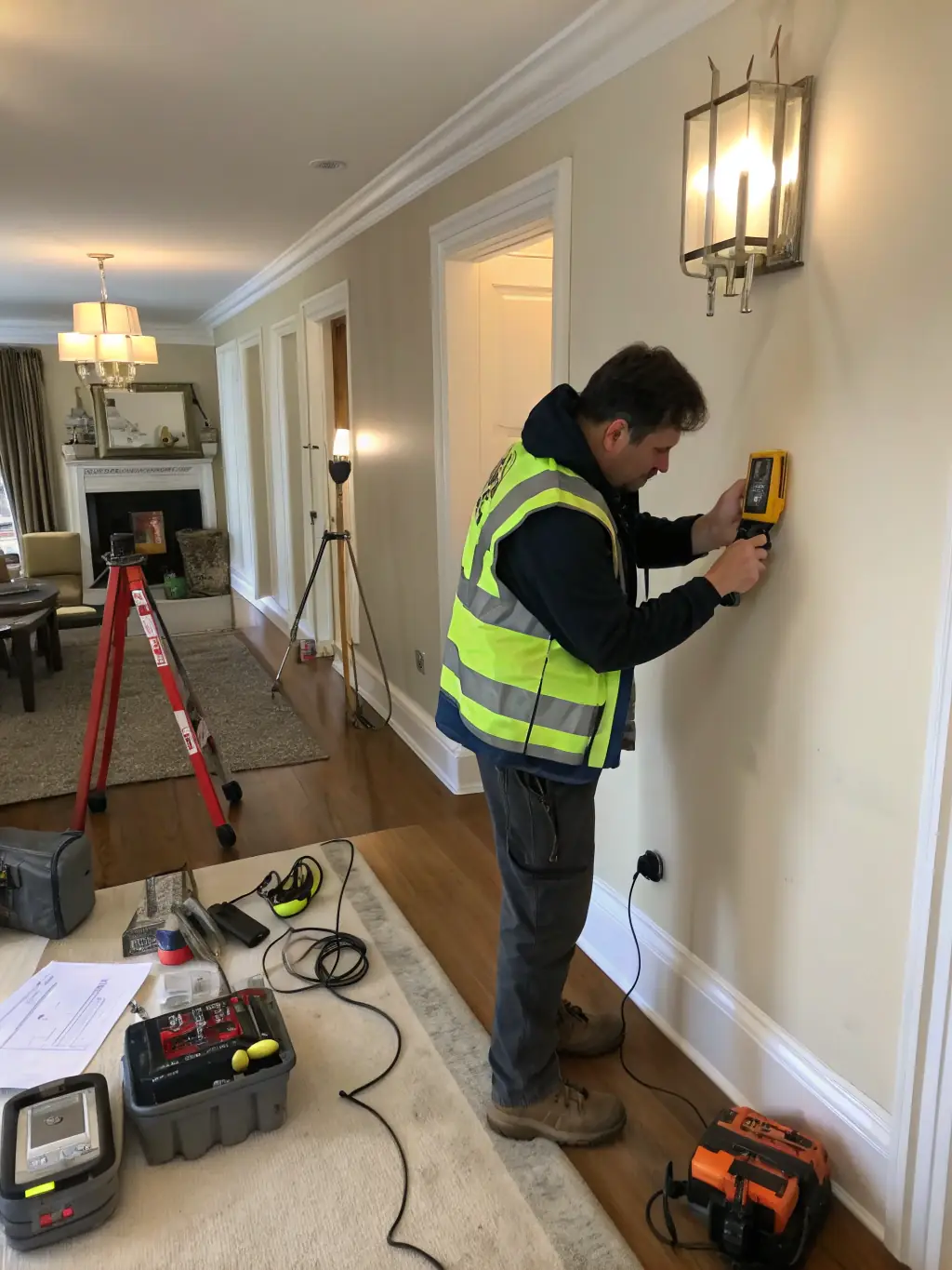 A picture of a technician using a moisture meter to measure the moisture content of a floor in a Seattle property, demonstrating Ethos Water Damage Restoration's commitment to precise and effective drying.