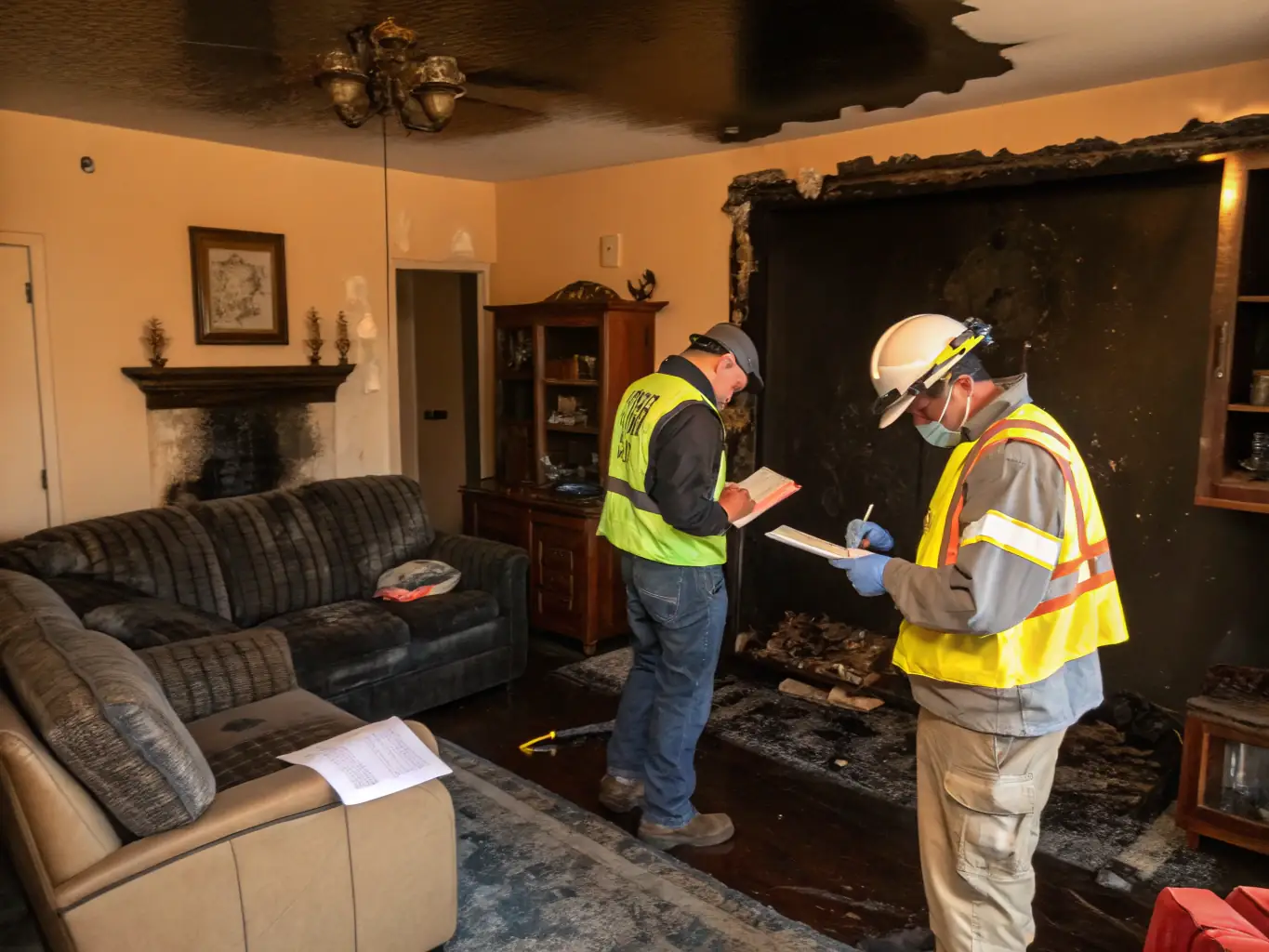 A photo illustrating the final stages of restoration, with technicians cleaning, sanitizing, and repairing damaged areas to restore the property to its pre-loss condition.