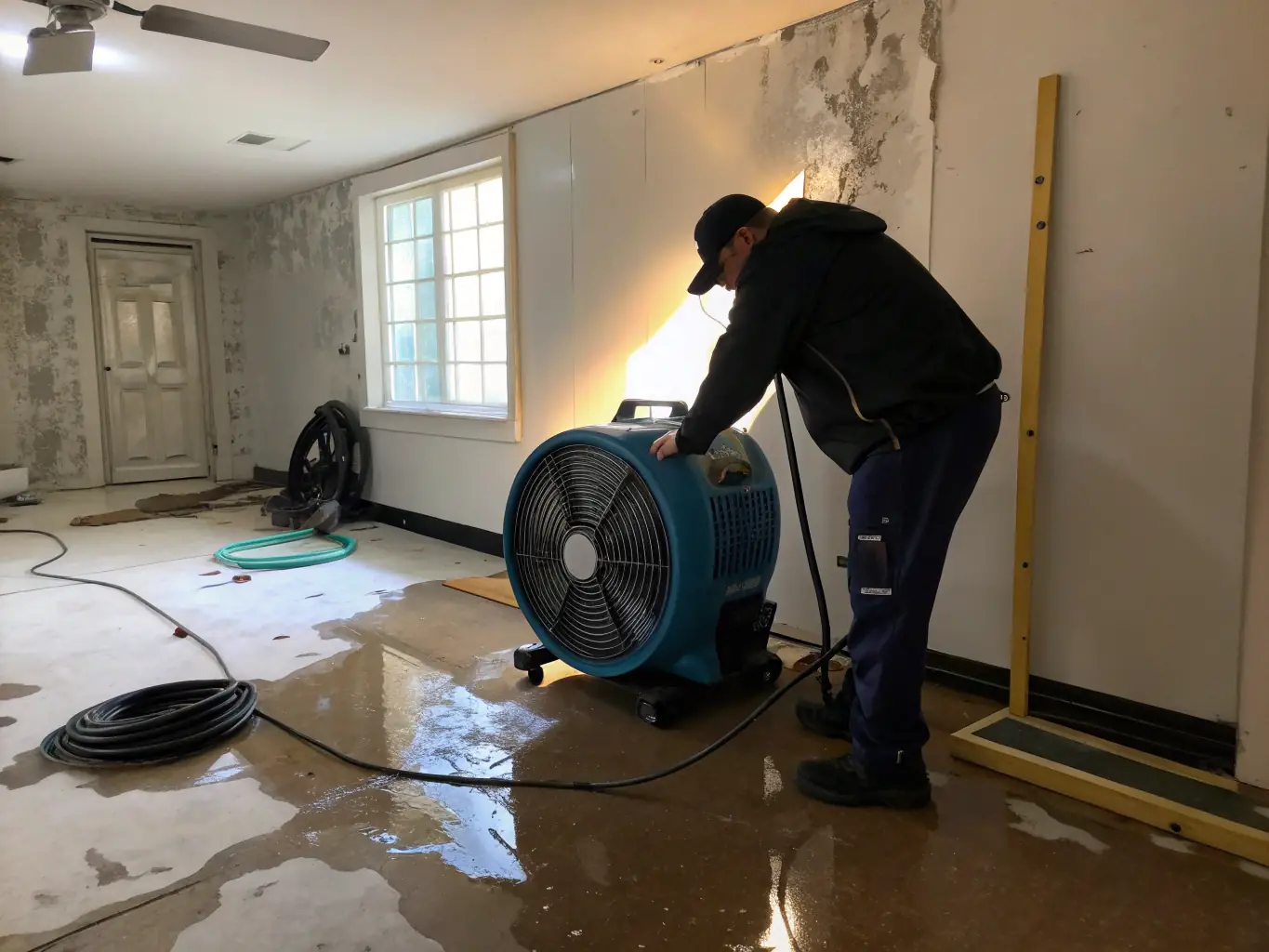 An image showing specialized drying equipment, such as dehumidifiers and air movers, strategically placed in a water-damaged room to facilitate the drying process.