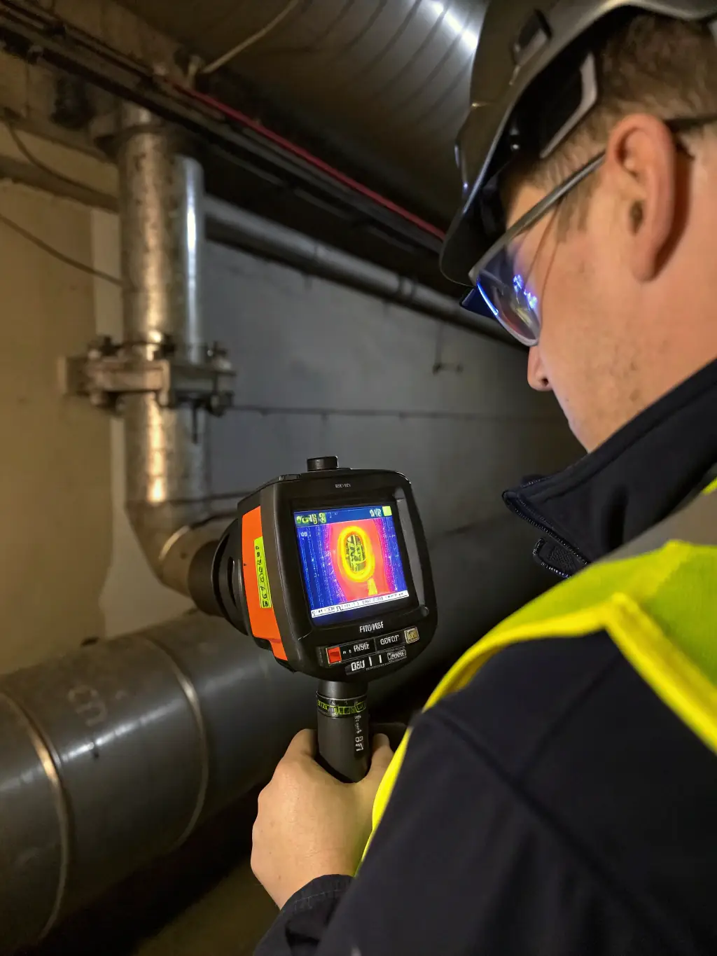 A technician in protective gear inspecting a property for hidden moisture with thermal imaging, emphasizing thorough inspection services.