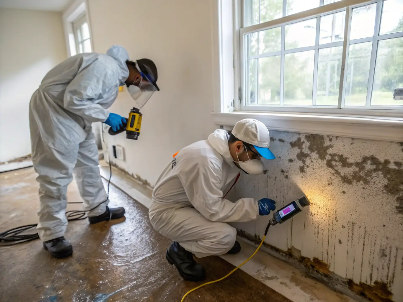 A professional photograph of Ethos Water Damage Restoration's certified technicians using advanced moisture detection equipment to assess water damage in a commercial building.