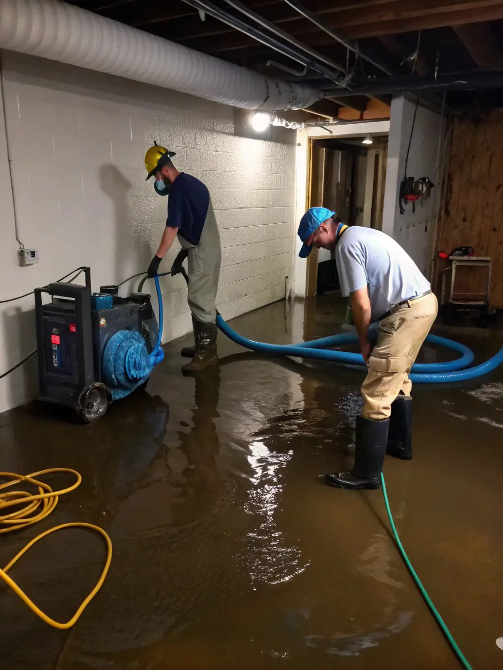 A photo of a technician using advanced water extraction equipment in a flooded basement, showcasing Ethos Water Damage Restoration's rapid response to water emergencies.