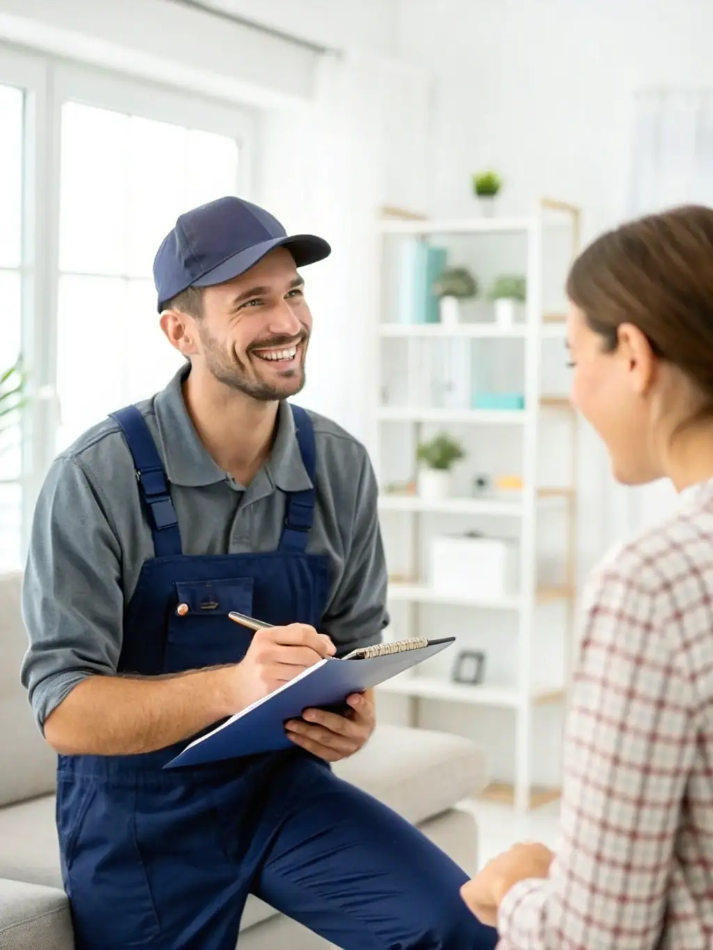 A friendly Ethos Water Damage Restoration representative assisting a client with insurance paperwork, emphasizing the company's commitment to customer support.
