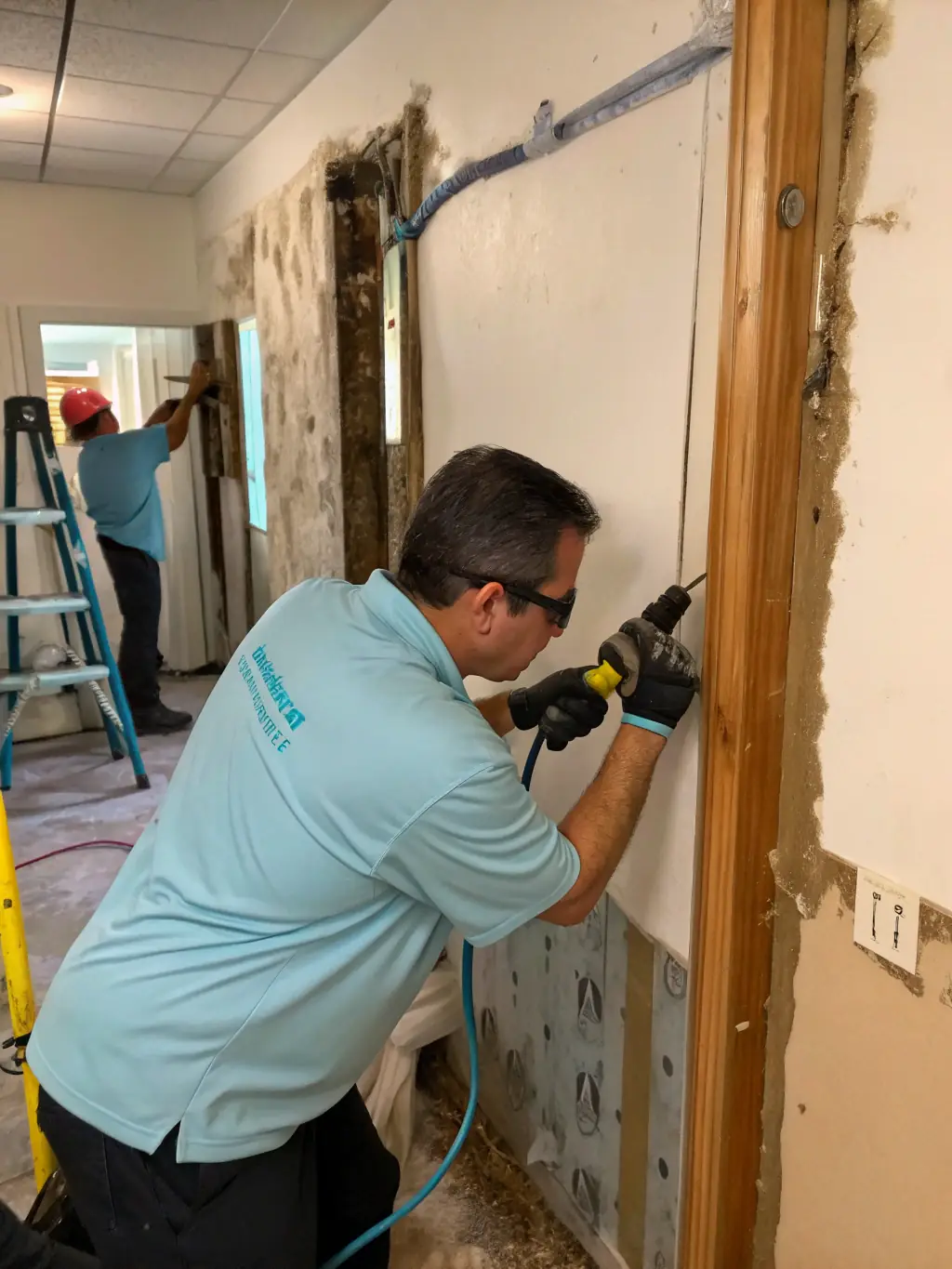 A photo depicting a technician from Ethos Water Damage Restoration conducting an initial assessment of a water-damaged property, using moisture detection tools to identify the extent of the damage.