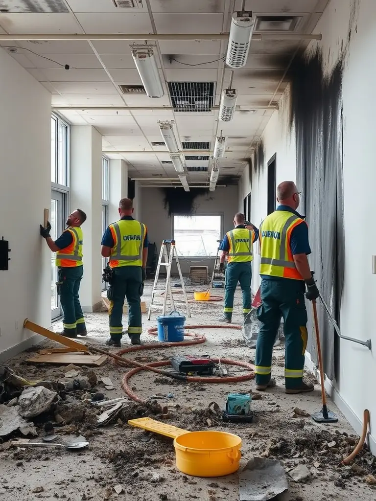 An image of Ethos Water Damage Restoration technicians restoring a water-damaged room, replacing drywall, and sanitizing surfaces to pre-loss condition.