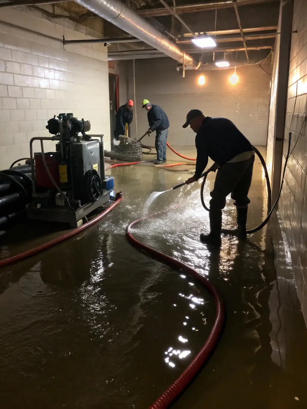An image showing Ethos Water Damage Restoration technicians extracting standing water from a flooded basement using professional-grade pumps and extraction equipment.