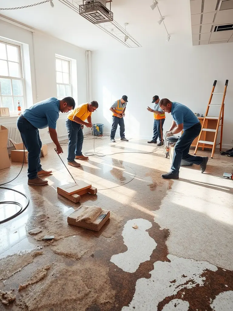 A photo showcasing the final restoration phase by Ethos Water Damage Restoration, with technicians cleaning, sanitizing, and restoring a water-damaged room in a Seattle building to its pre-loss condition.
