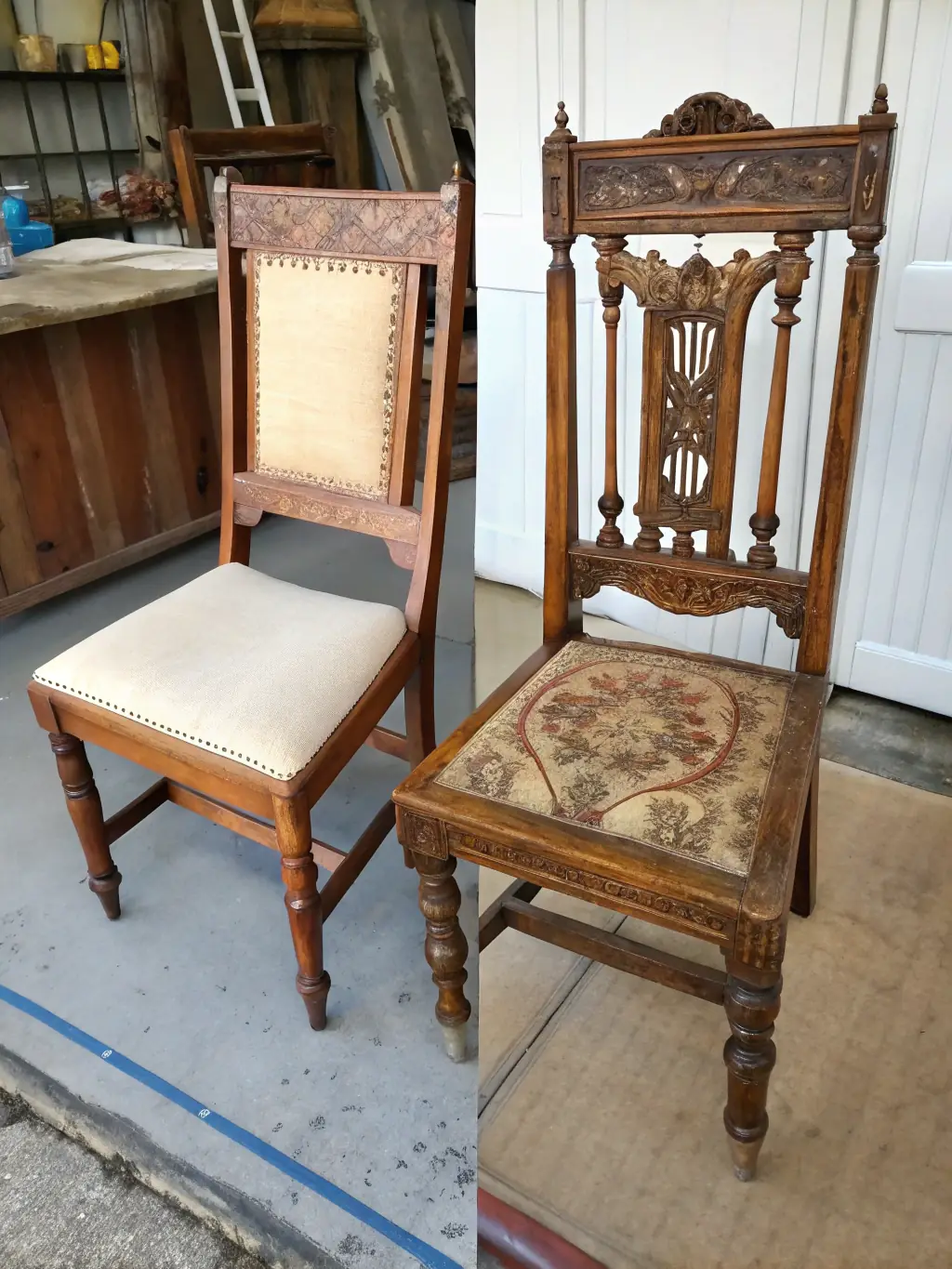 A before-and-after photo showing water-damaged furniture being restored to its original condition, demonstrating content restoration services.