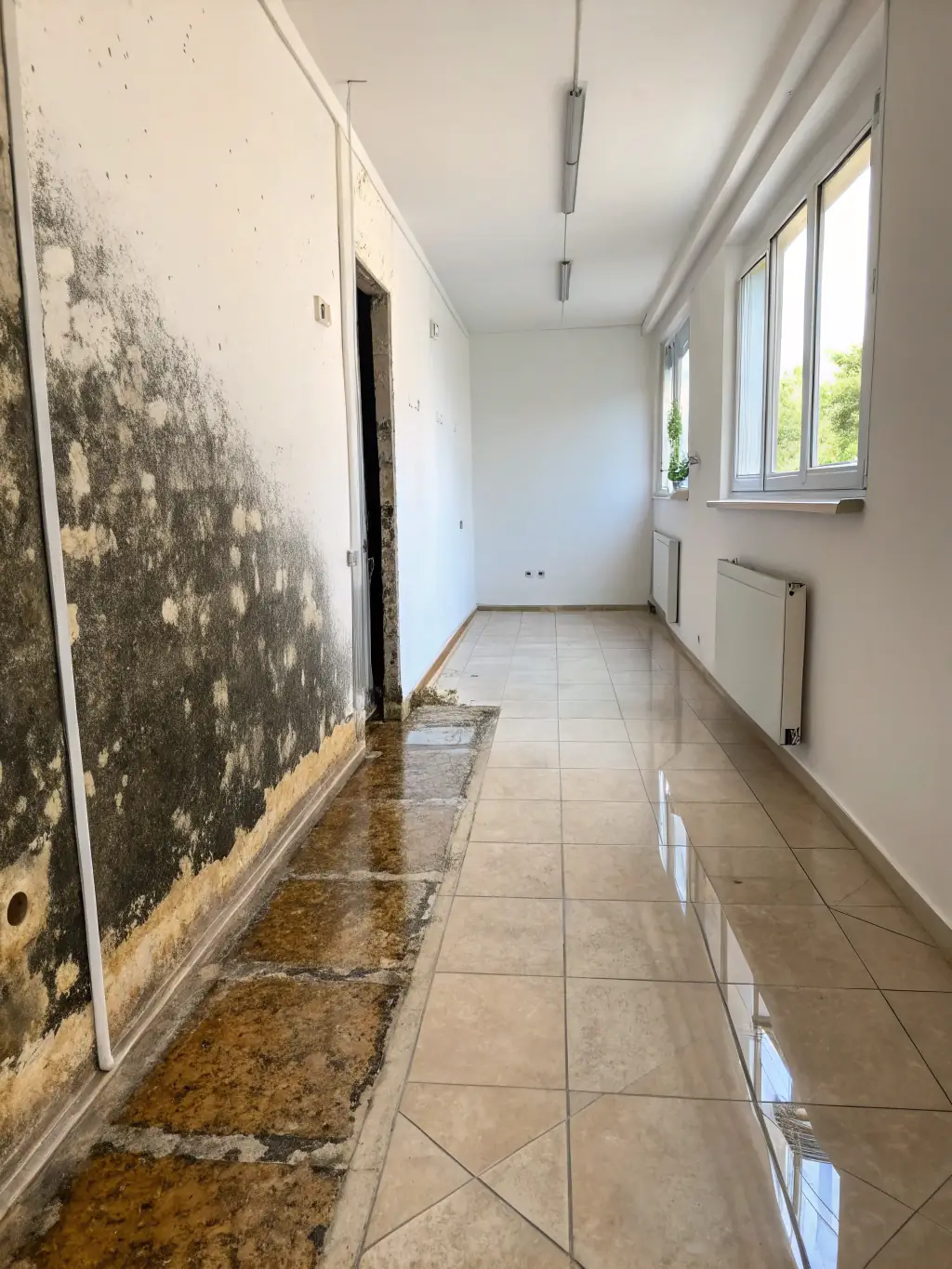 A photo showcasing a before-and-after comparison of a water-damaged area, highlighting the effectiveness of Ethos Water Damage Restoration's services.